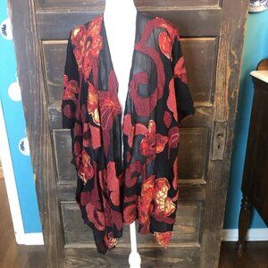 Chicos Kimono Open Front Sheer Embroidered Large Flowers Red & Black Large